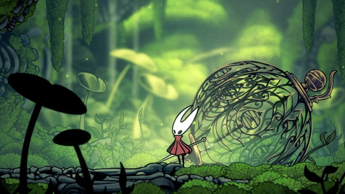 A screenshot of Hollow Knight: Silksong in the green/lush biome.