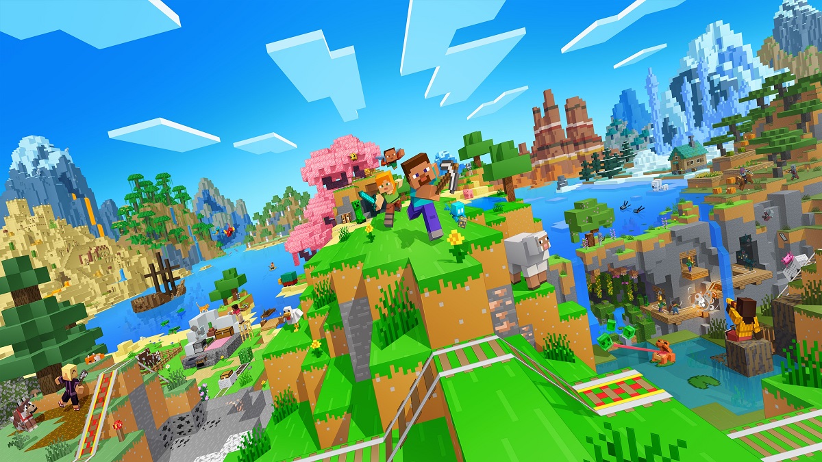 Minecraft: a fish-eye lens image showing Steve and Alex perched on a greeny, blocky bit of ground.