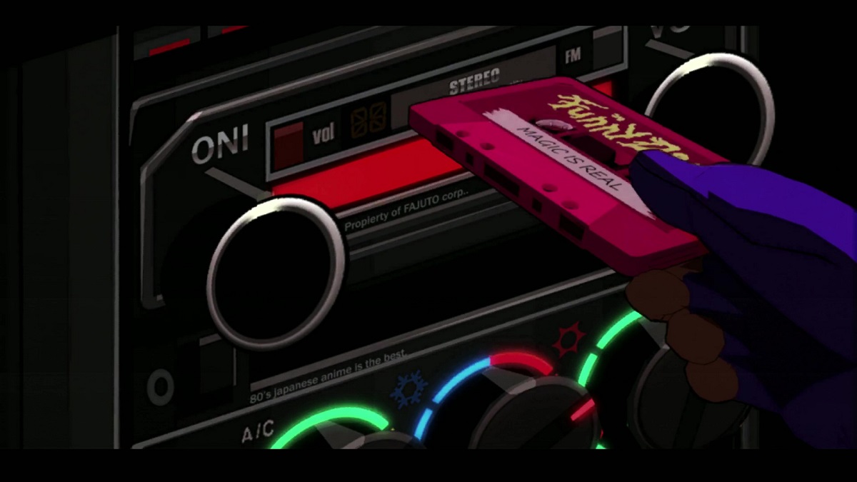 Mullet Madjack putting a cassette into tape player.