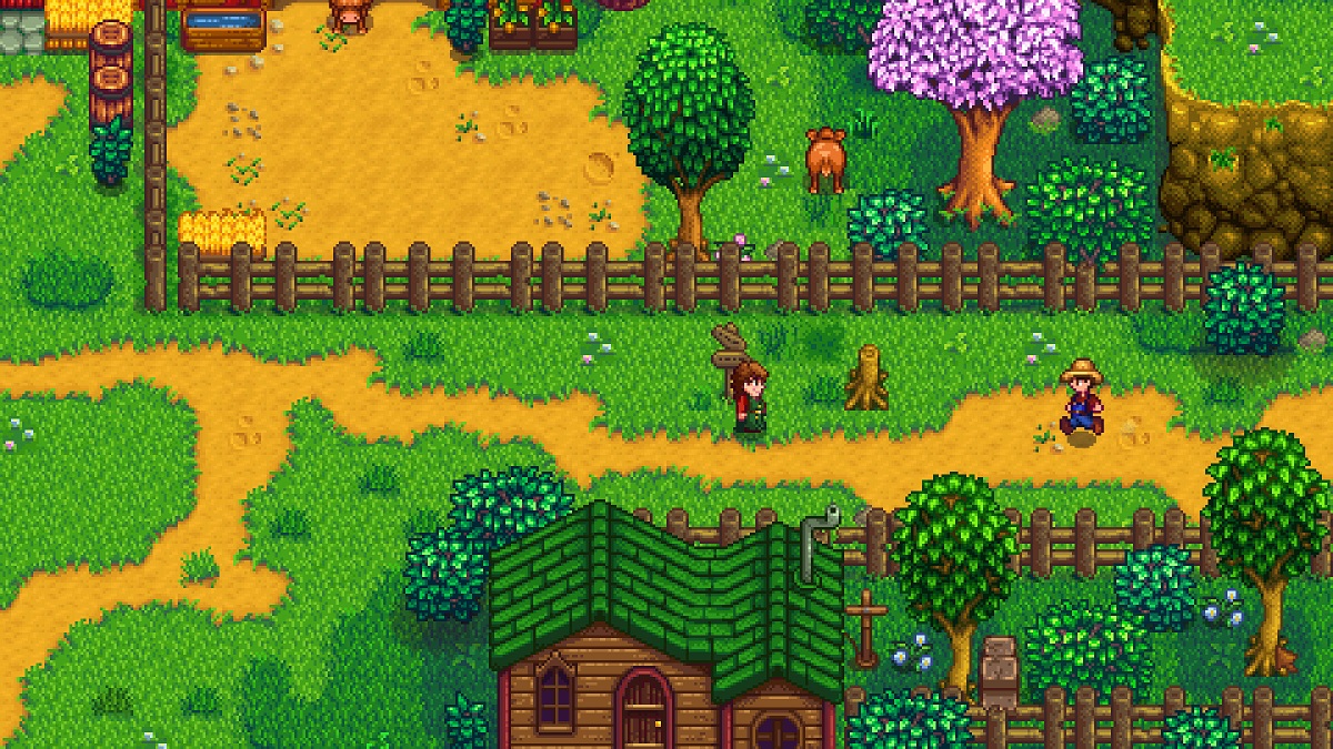 Stardew Valley: a cartoon-y image of a farm with characters walking across a countryside path.