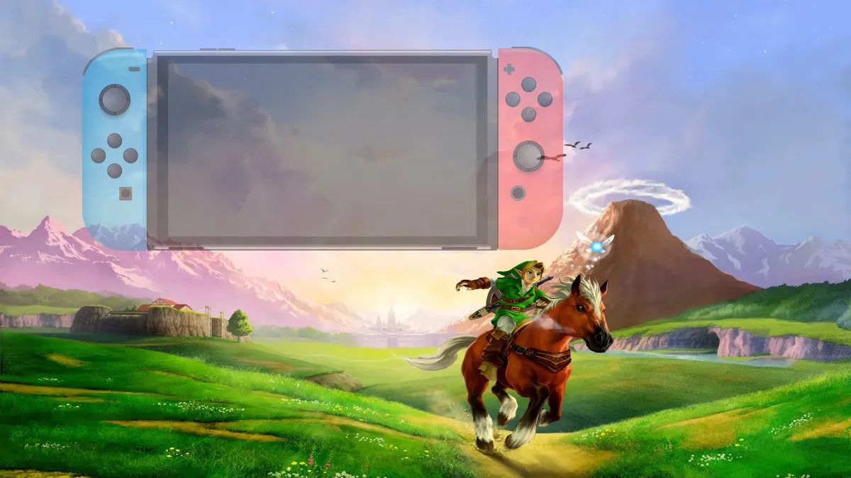 Link rides a horse across a landscape with a Nintendo Switch faded into the background.